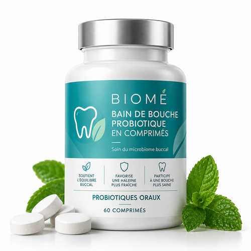 Flacon BIOMÉ de bain de bouche probiotique en comprimés, 60 comprimés, avec menthe et comprimés sur fond blanc